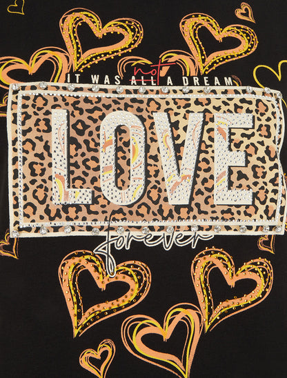 T-shirt à message et motif fleurs strassés - Noir - 3