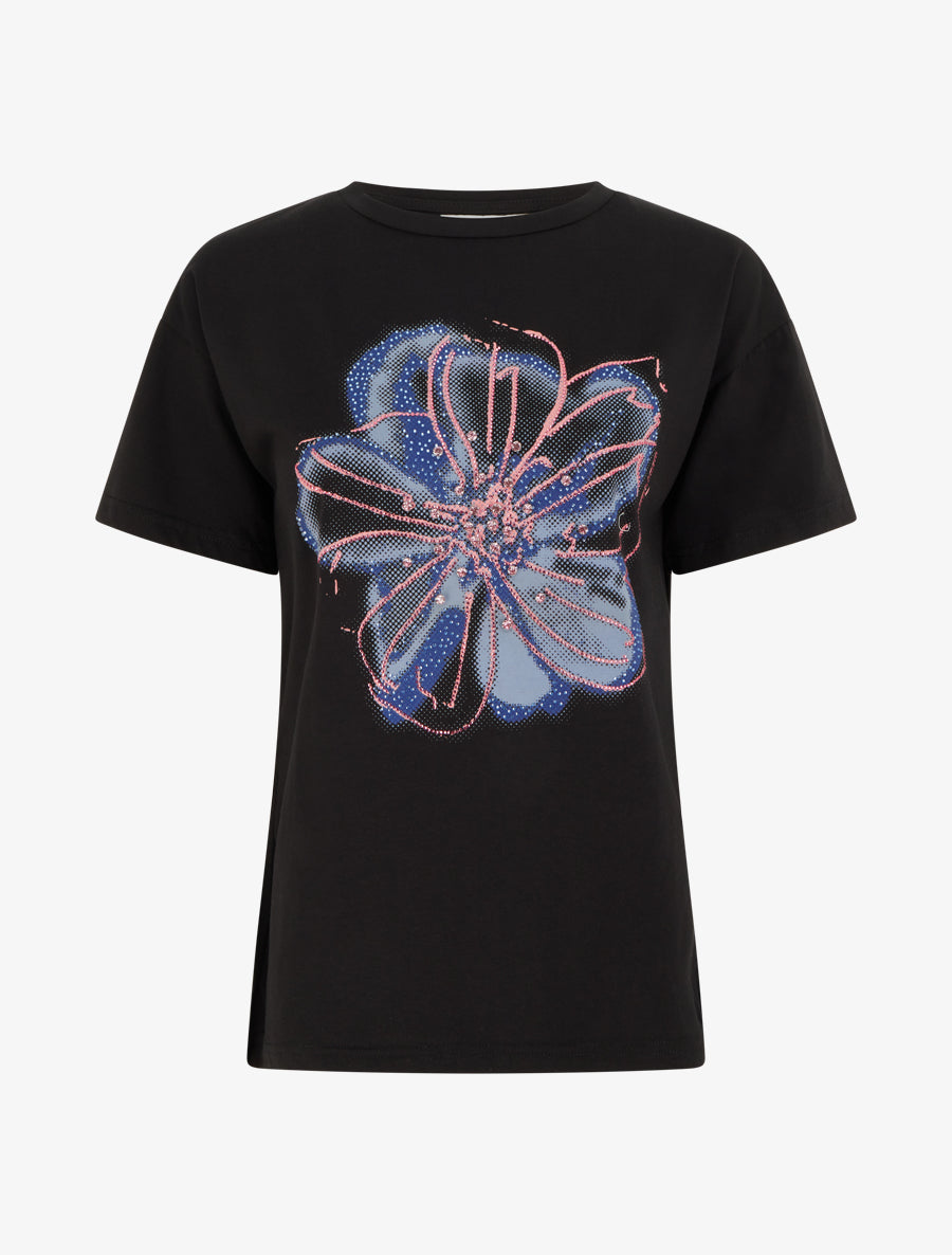 T-shirt à motif fleur et strass - Noir - 1