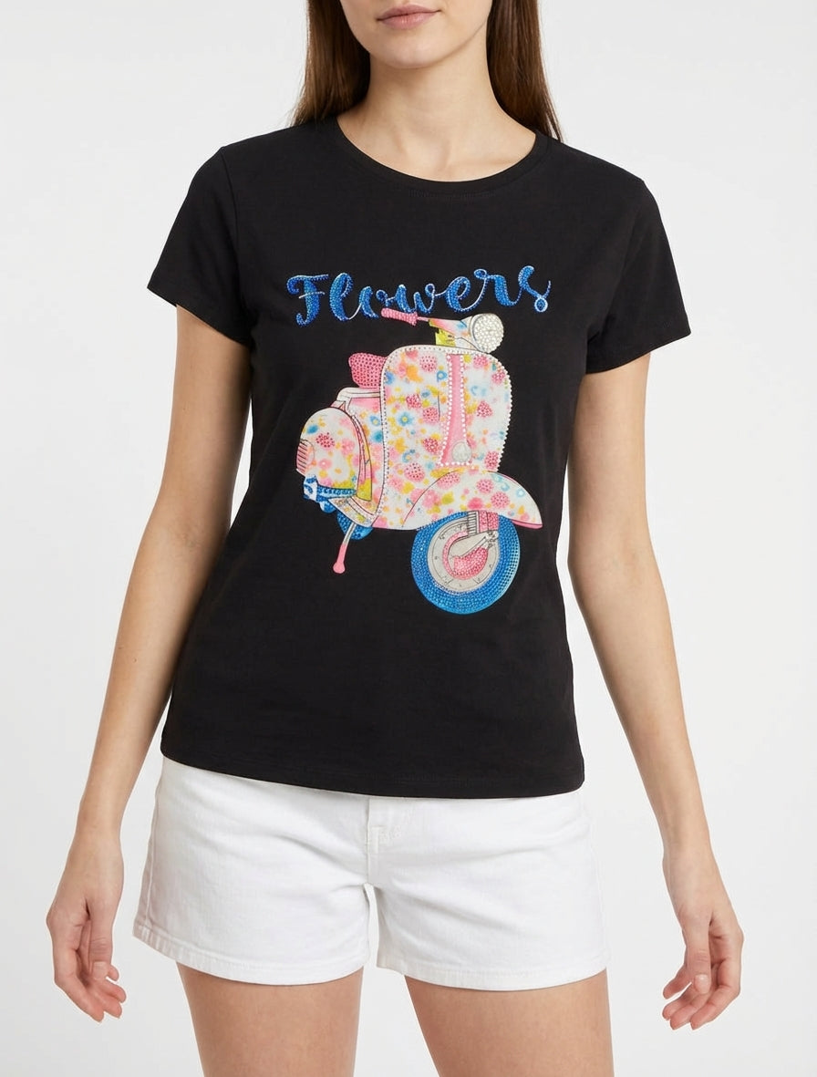Scooter-Strass-T-Shirt-Muster - Schwarz