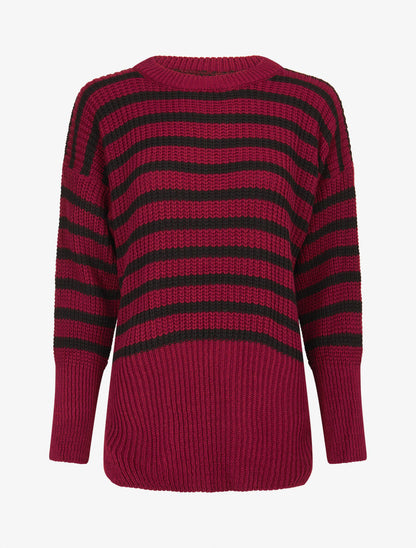 Pull ample rayé à côtés ouverts - Rouge cerise - 1