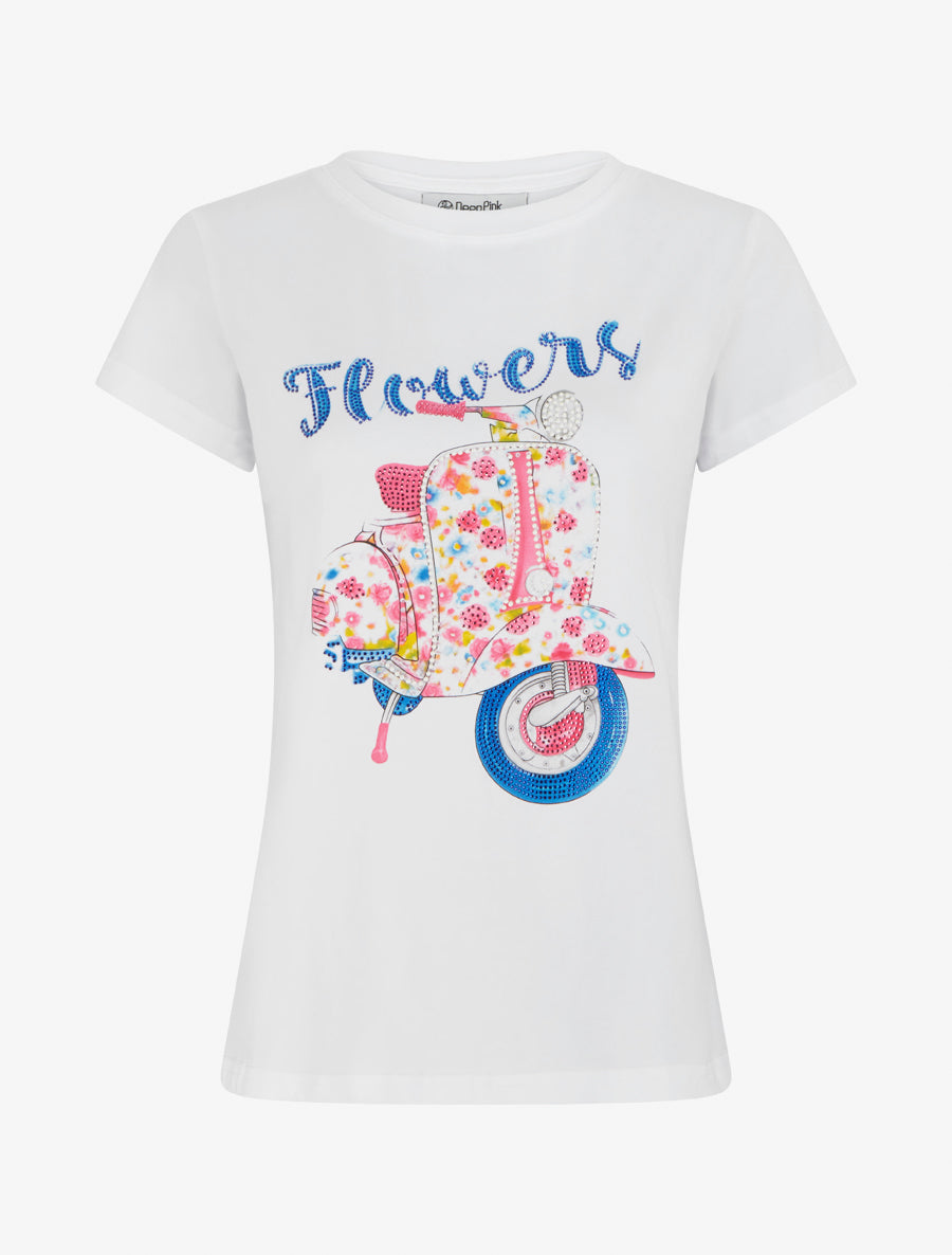 T-shirt à motif scooter strassé - Blanc - 1