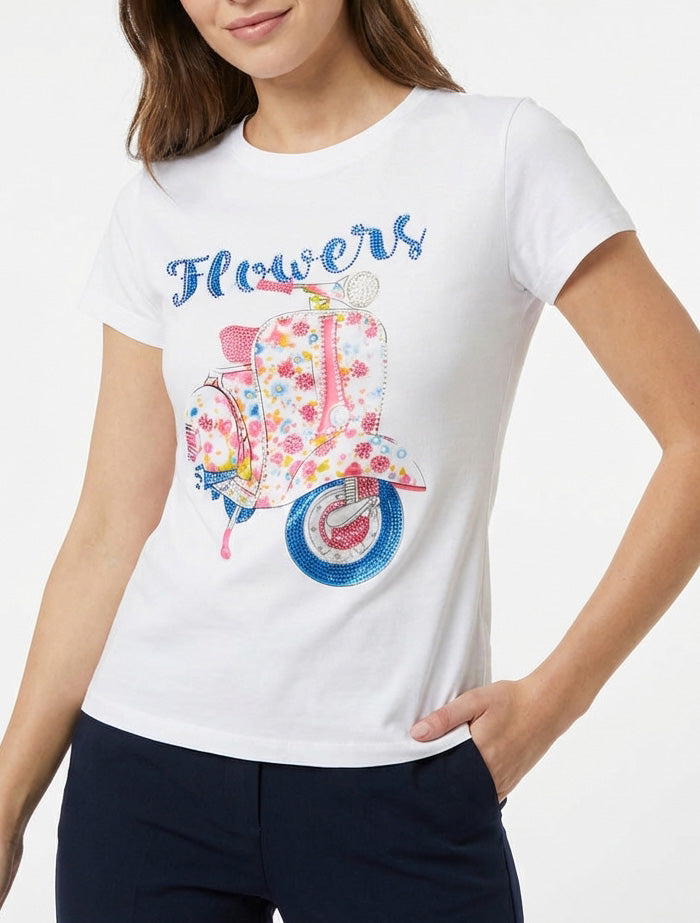 Scooter-Strass-T-Shirt-Muster - Weiß