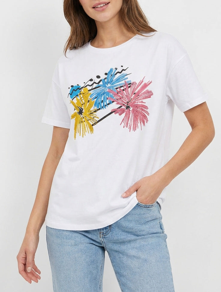 T-Shirt mit Feuerwerks- und Strassdruck - Weiß