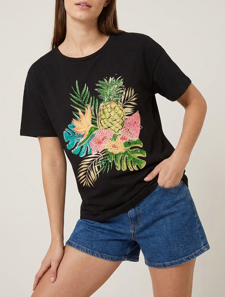 Früchte- und Strass-bedrucktes T-Shirt - Schwarz
