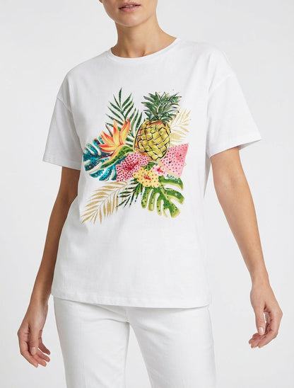 Früchte- und Strass-bedrucktes T-Shirt - Weiß