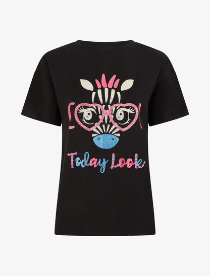 T-shirt imprimé girafe et strass - Noir - 1