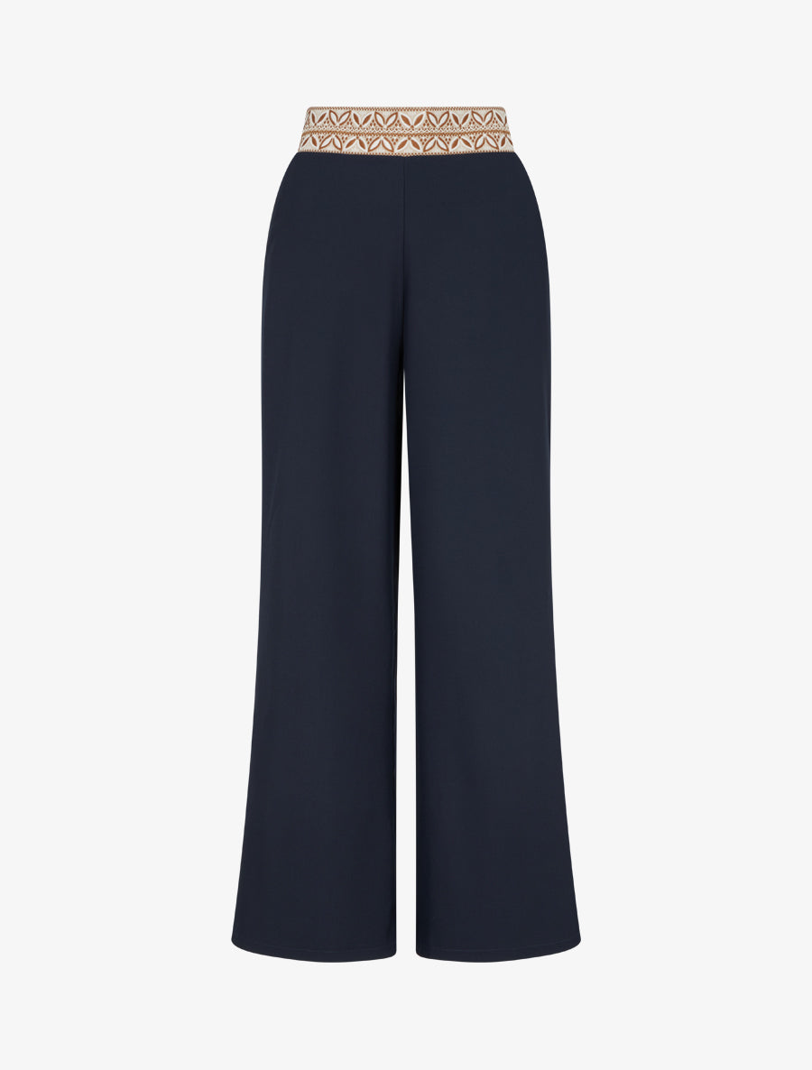 Pantalon fluide unie à taille haute - Marine - 1