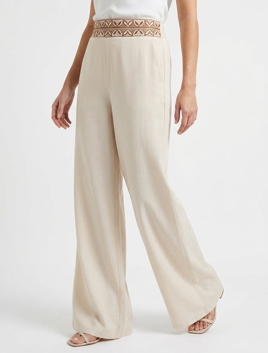Fließende einfarbige Hose mit hoher Taille - Beige