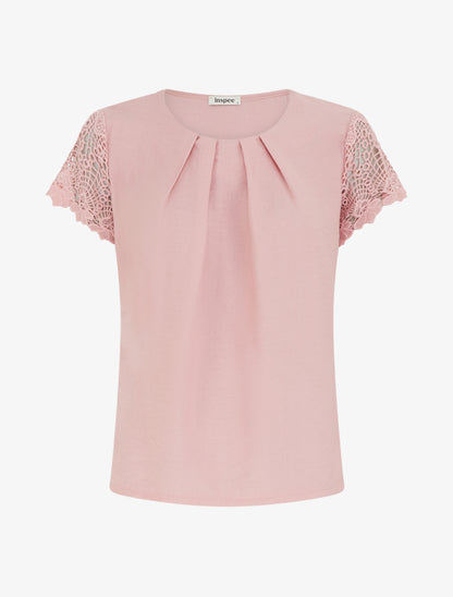 Top droit manches courtes en dentelle - Rose - 1