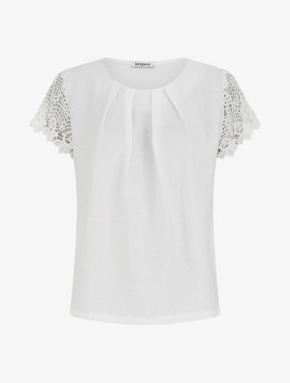 Top droit manches courtes en dentelle - Blanc - 1