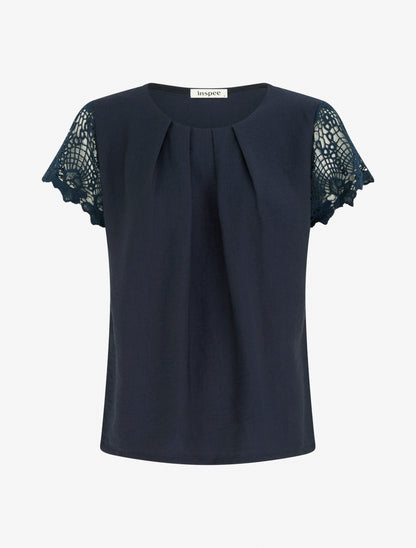 Top droit manches courtes en dentelle - Marine - 1