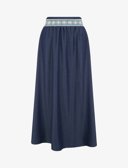 Jupe longue unie à bande brodée - Marine - 1