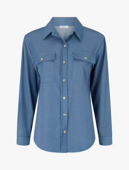 Chemise unie fluide à poches - Bleu - 1