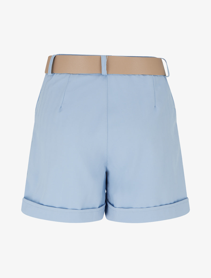 Short ceinturé uni à ourlet - Bleu ciel - 2
