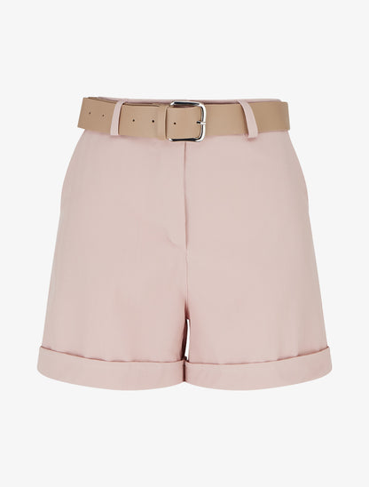 Short ceinturé uni à ourlet - Rose - 1