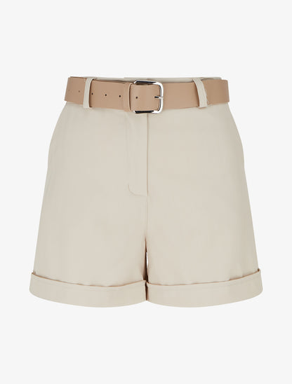 Short ceinturé uni à ourlet - Beige - 1