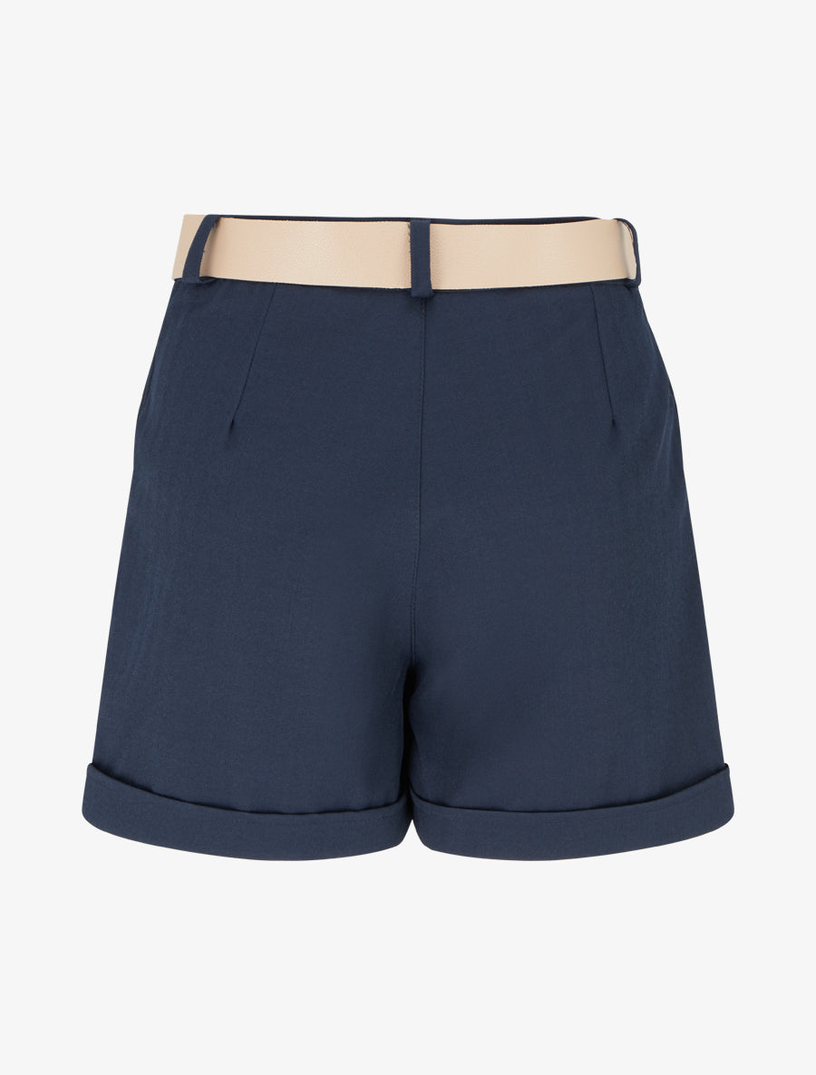 Short ceinturé uni à ourlet - Marine - 2