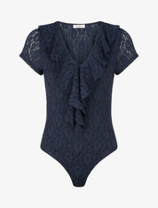 Body uni en dentelle à col volanté - Marine - 1