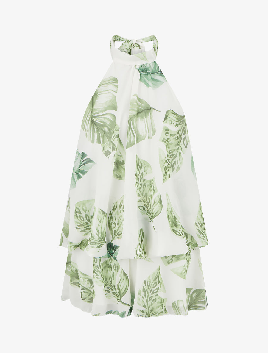 Combishort volanté imprimé feuilles à dos nu - Vert - 1