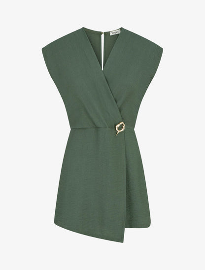 Combishort style robe portefeuille à broche - Kaki - 1