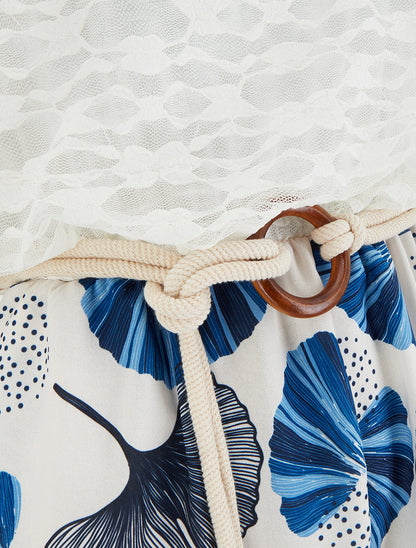 Combishort imprimé ginko à buste en dentelle - Marine - 3
