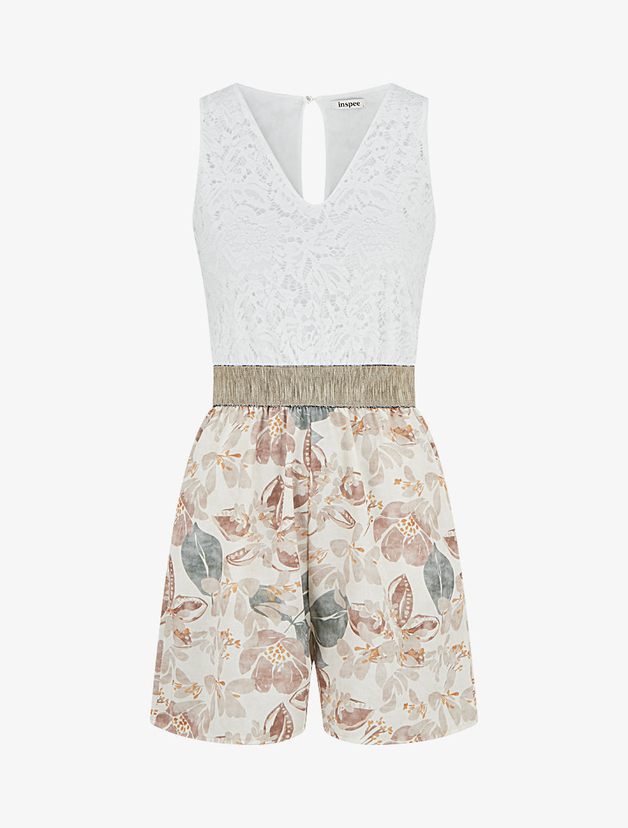 Combishort à dentelle et imprimé fleuri - Beige - 1