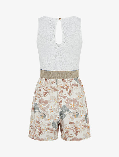 Combishort à dentelle et imprimé fleuri - Beige - 2