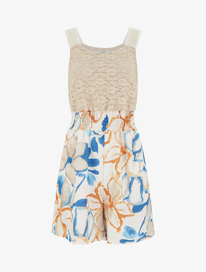 Combishort imprimé fleurs tropicales à bustier en dentelle - Beige - 1