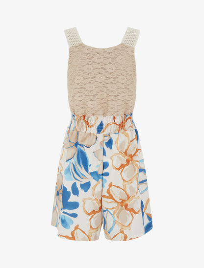 Combishort imprimé fleurs tropicales à bustier en dentelle - Beige - 2