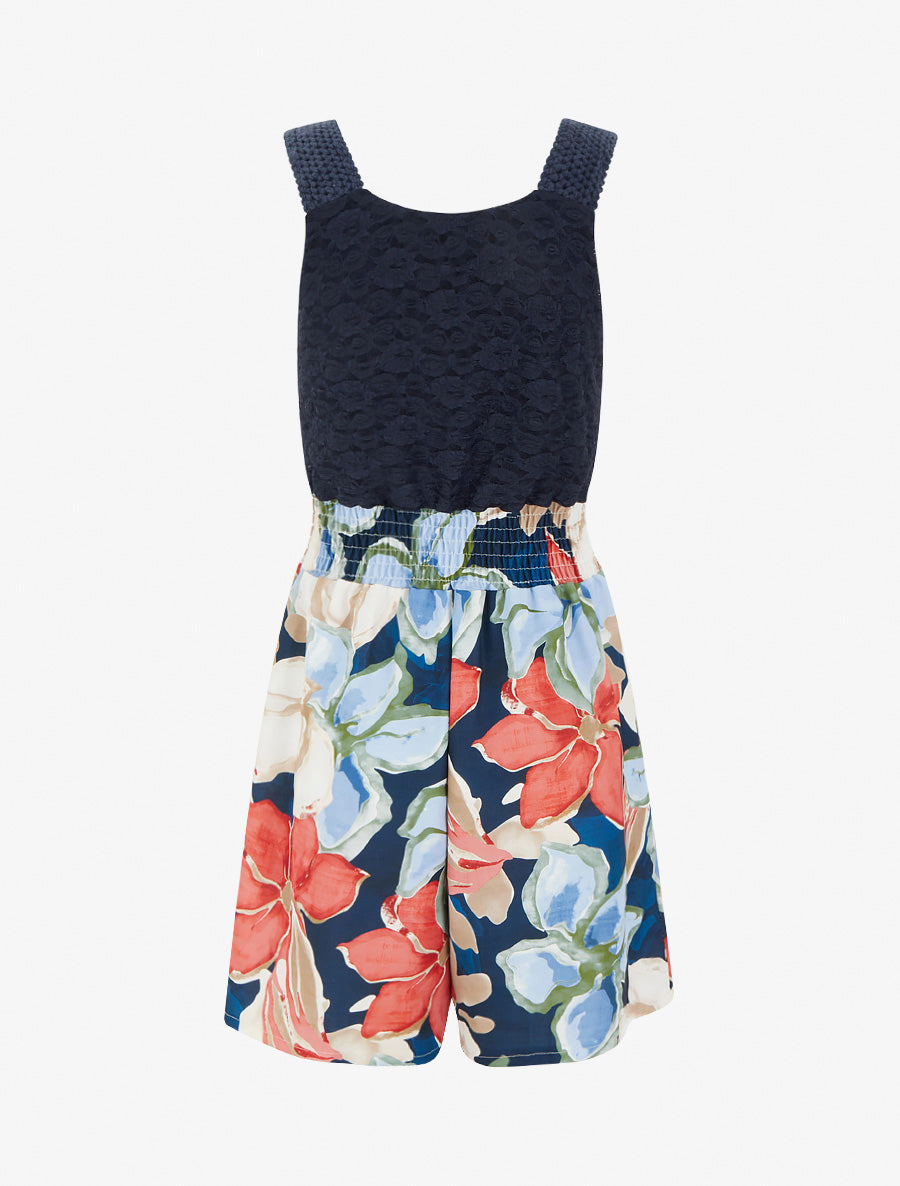 Combishort imprimé fleurs tropicales à bustier en dentelle - Marine - 2