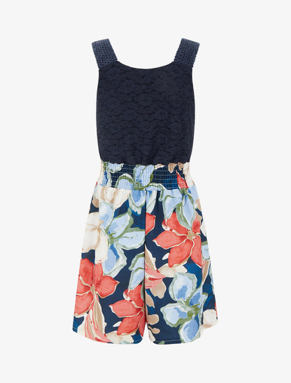 Combishort imprimé fleurs tropicales à bustier en dentelle - Marine - 2