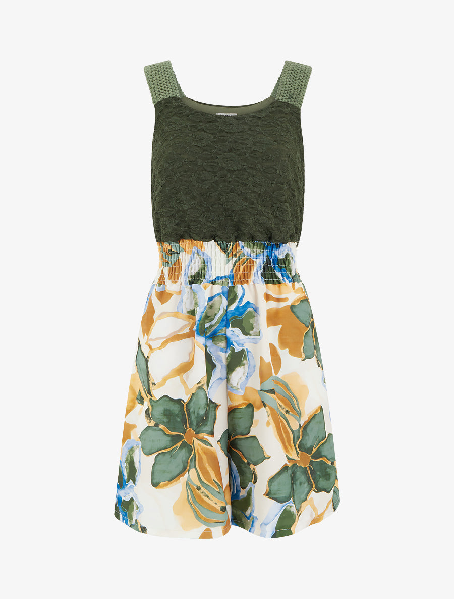 Combishort imprimé fleurs tropicales à bustier en dentelle - Kaki - 1