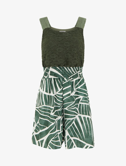 Combishort imprimé graphique à bustier en dentelle - Kaki - 1