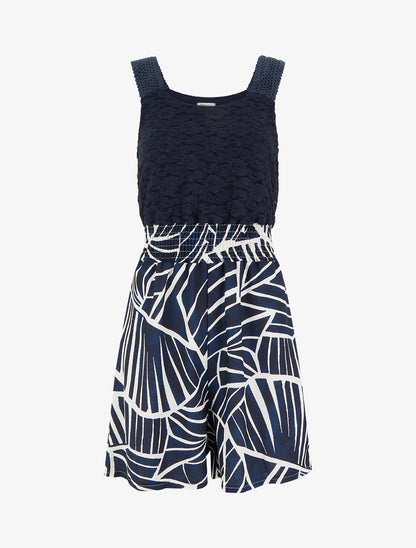 Combishort imprimé graphique à bustier en dentelle - Marine - 1
