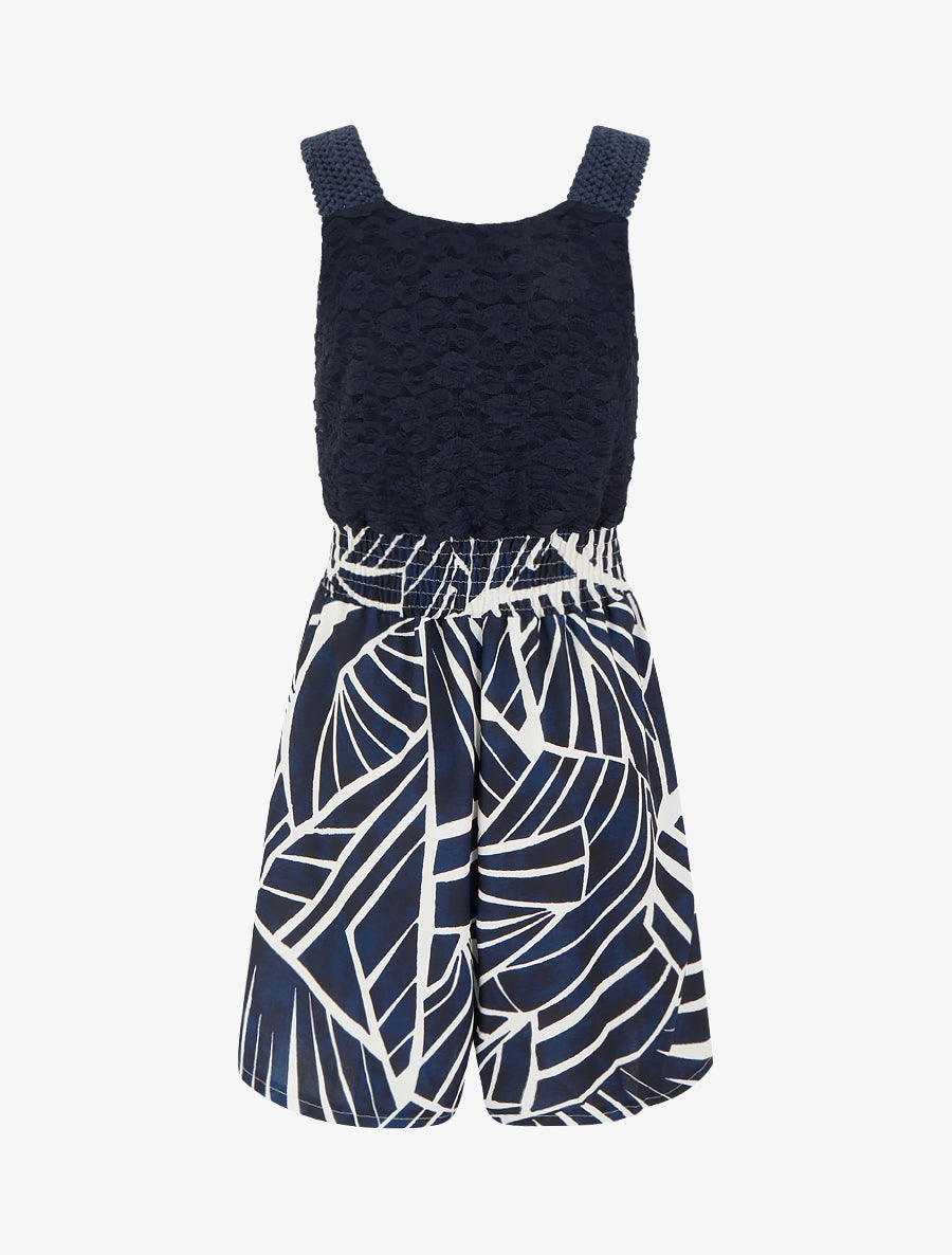 Combishort imprimé graphique à bustier en dentelle - Marine - 2