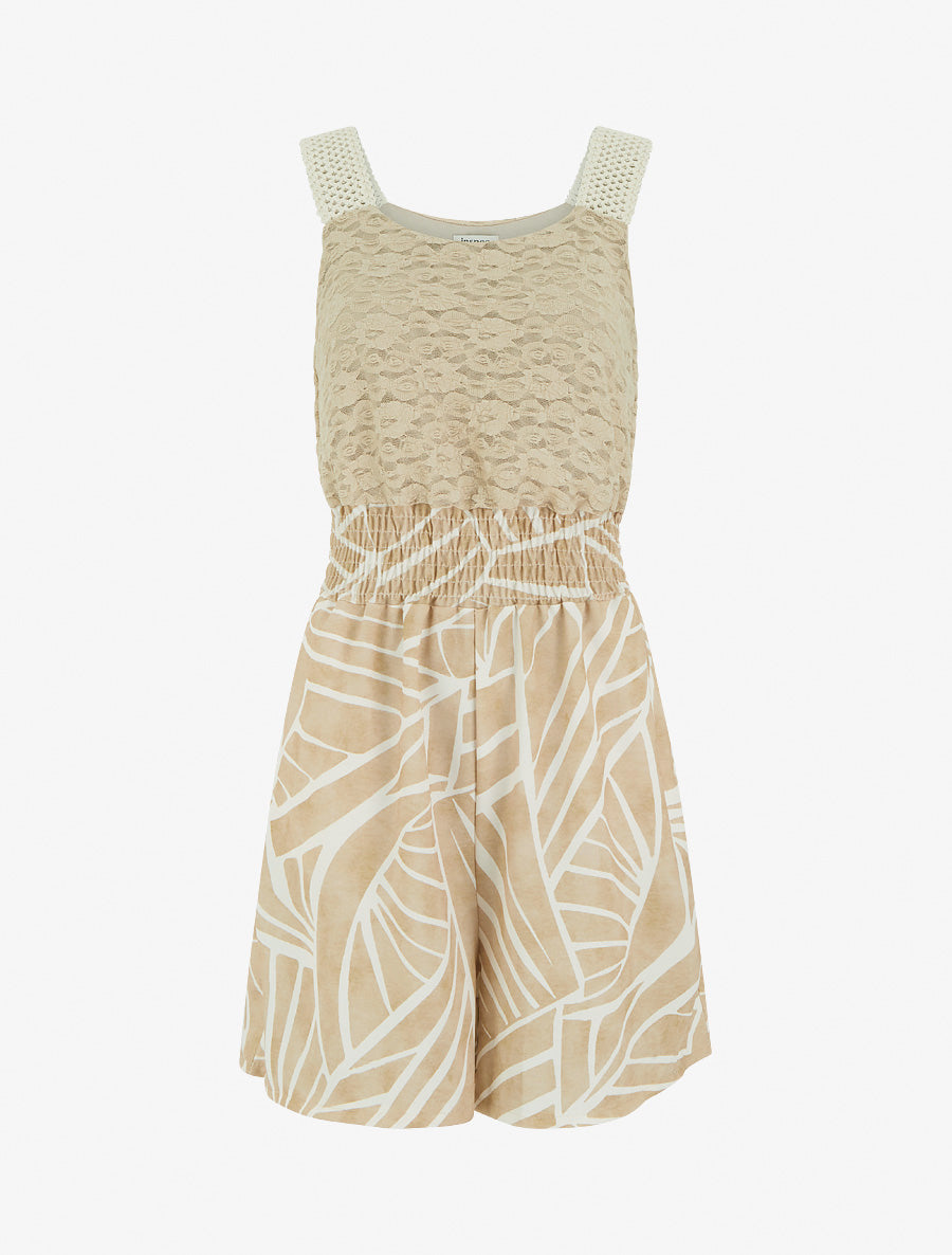 Combishort imprimé graphique à bustier en dentelle - Beige - 1