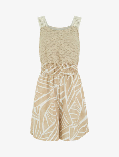 Combishort imprimé graphique à bustier en dentelle - Beige - 1