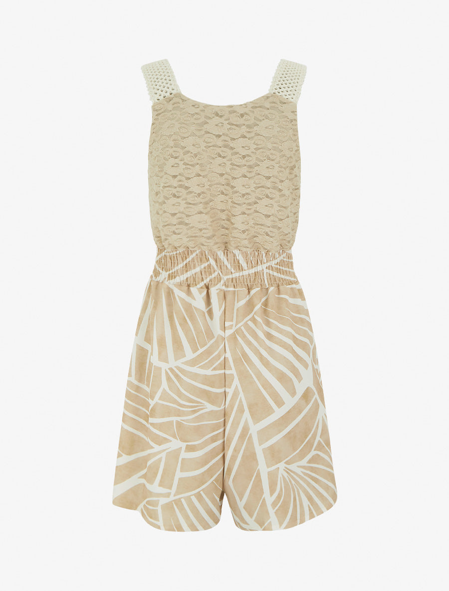 Combishort imprimé graphique à bustier en dentelle - Beige - 2