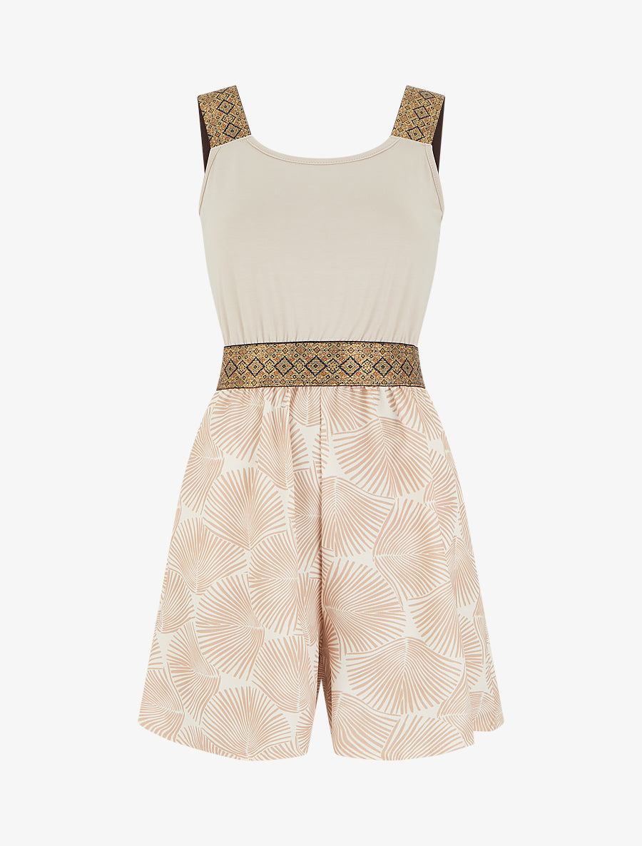 Combishort imprimé feuilles à bretelles fantaisies - Beige - 1