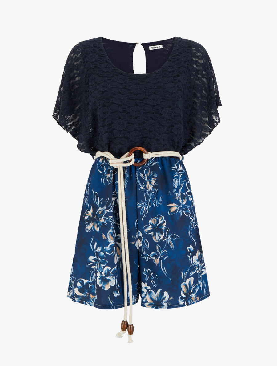 Combishort imprimé floral à buste en dentelle - Marine - 1
