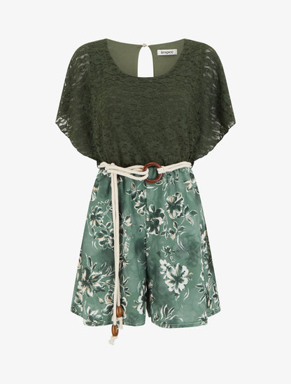 Combishort imprimé floral à buste en dentelle - Kaki - 1