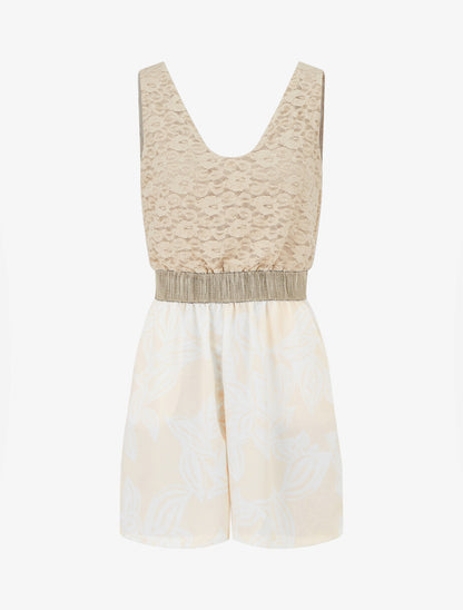 Combishort imprimé floral à buste en dentelle - Beige - 1
