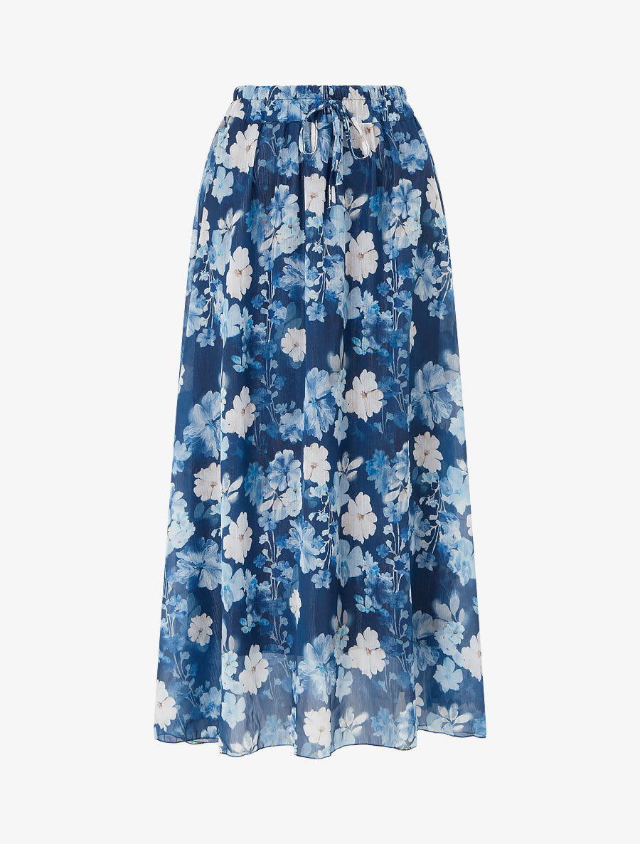 Jupe imprimé floral à taille élastiquée - Marine - 1