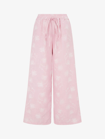 Pantalon en lin à broderie floral - Rose - 1