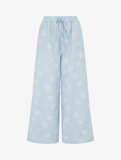 Pantalon en lin à broderie floral - Bleu ciel - 1