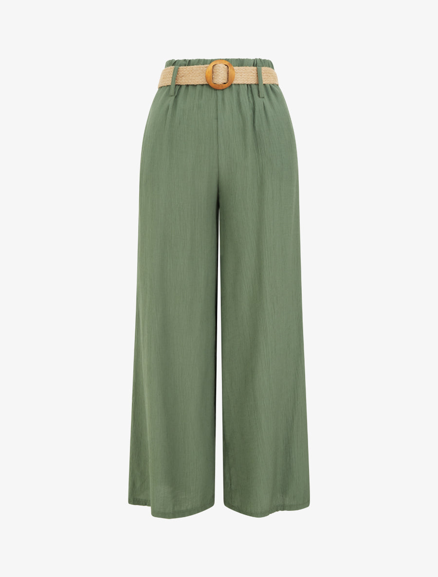 Pantalon fluide uni à taille élastiquée - Kaki - 1