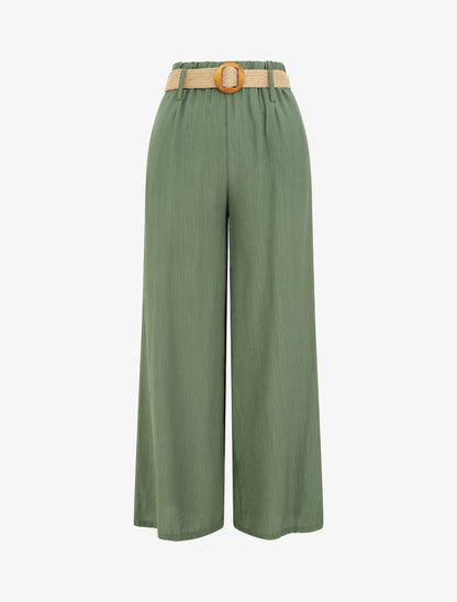 Pantalon fluide uni à taille élastiquée - Kaki - 1