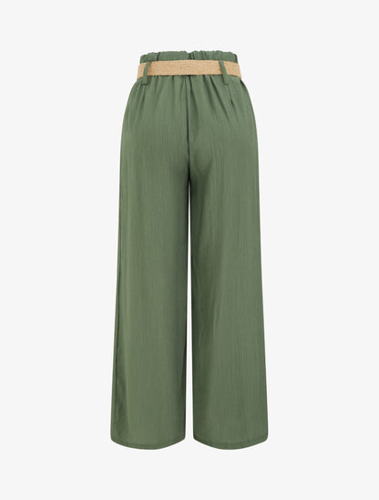 Pantalon fluide uni à taille élastiquée - Kaki - 2