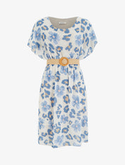 Robe mi-longue fleuri manches courtes - Bleu - 1