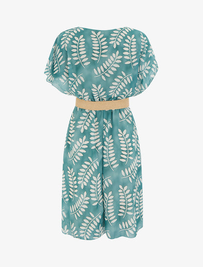 Robe mi-longue imprimé feuilles manches courtes - Vert d&